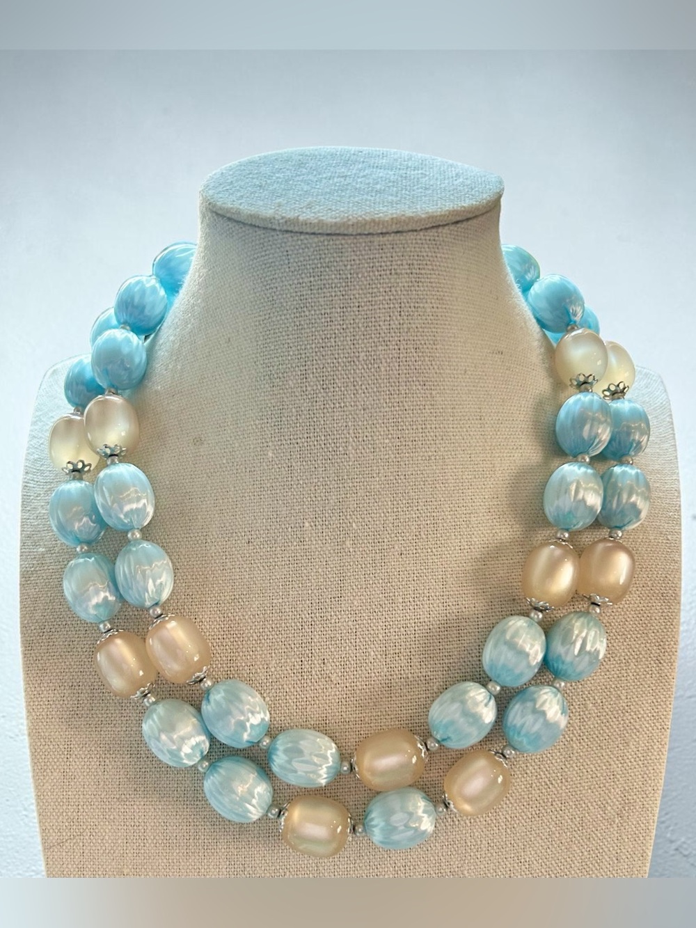 Vintage Japan Double Strand Necklace Blue Cream